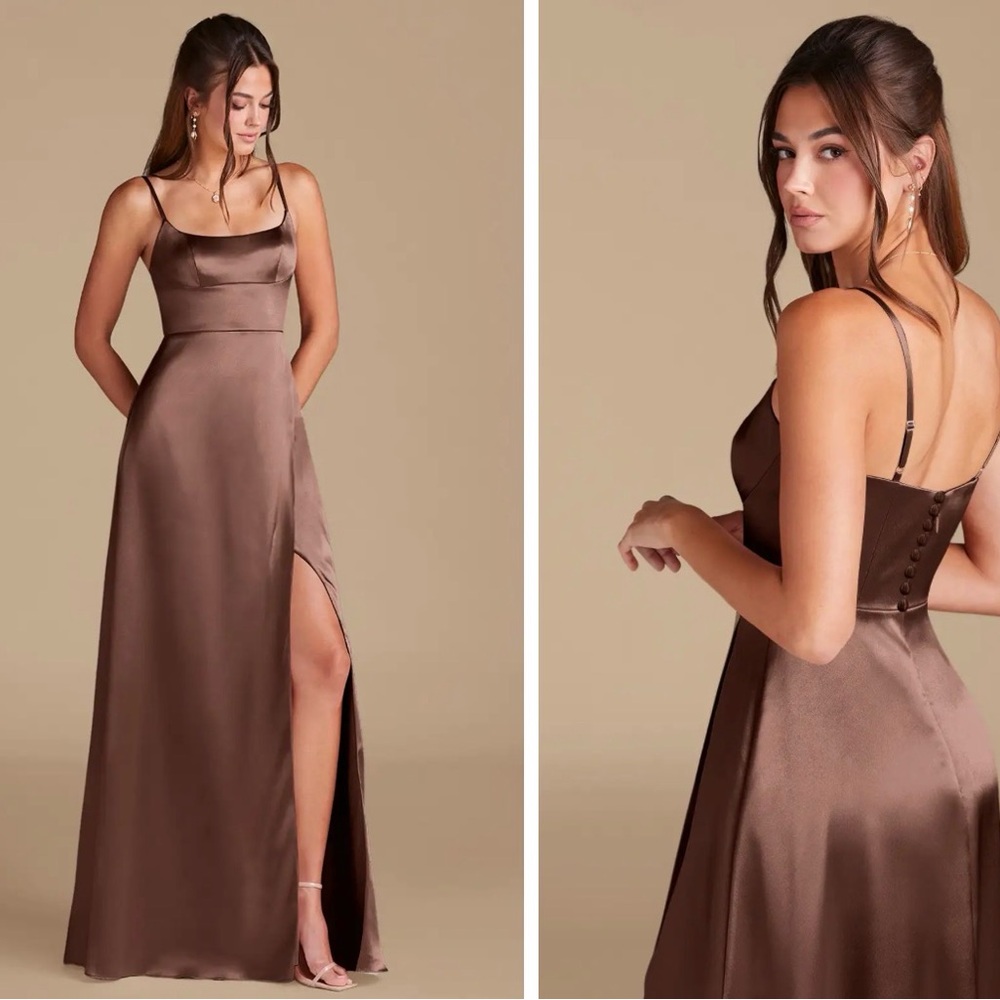 NWT Azazie Halsey Espresso A-Line Side Slit Metallic Satin Dress size 14 - Picture 12 of 12